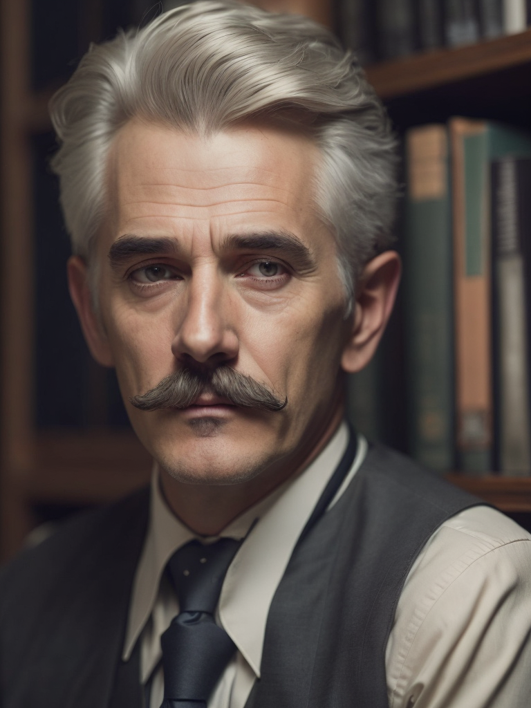 Lovecraftian portrait of a 1920s police detective, gray haired english moustache, bookshelves wide shot, artstation, concept art, illustration, ilya kuvshinov, vintage