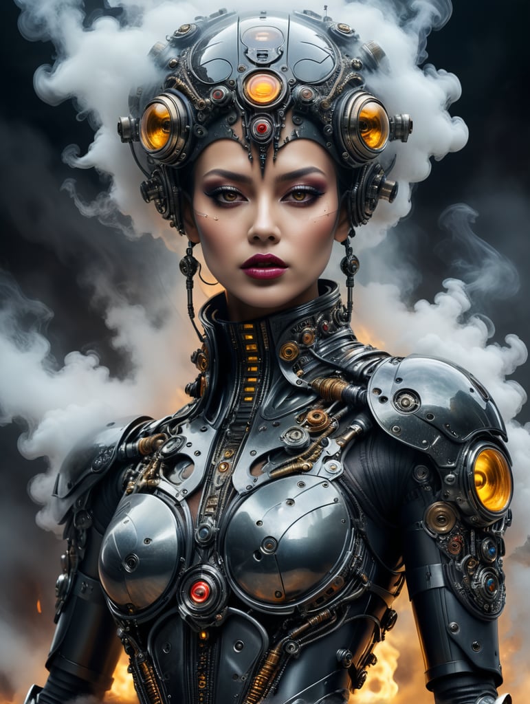 haute couture cyborg outfit made of crude oil, dior and vogue fashion style portrait. Fog and smoke background