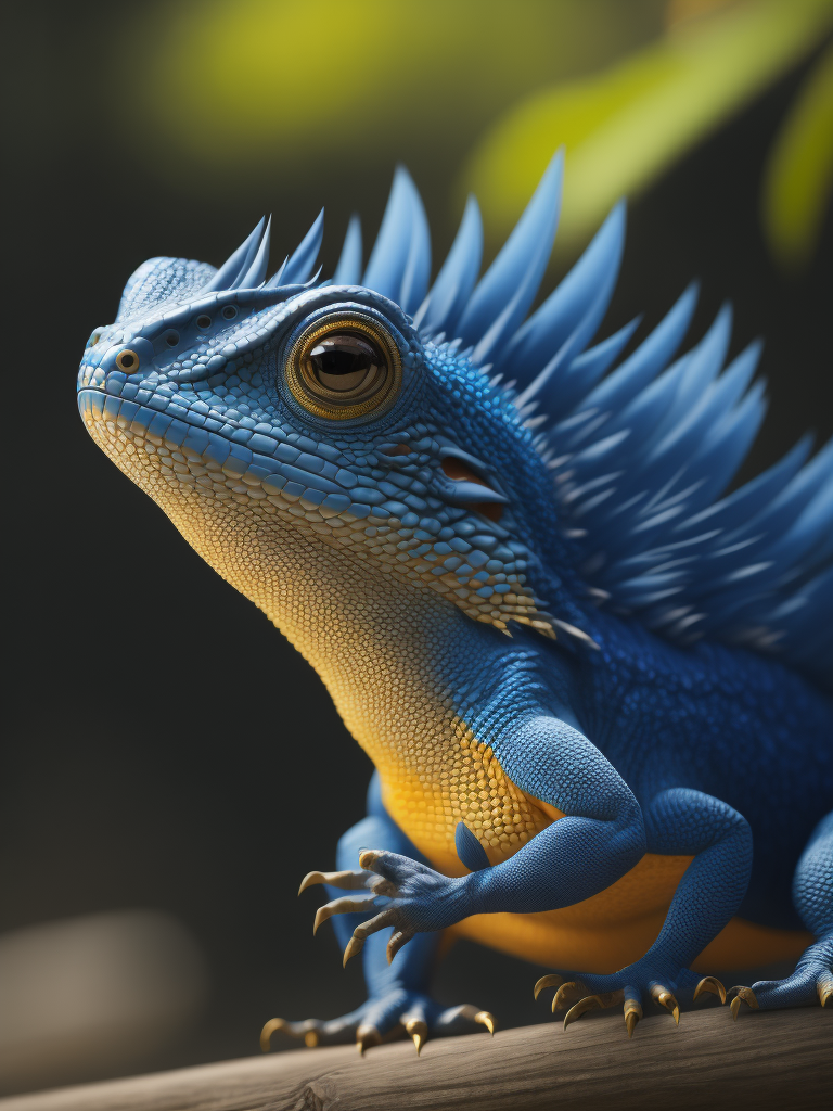 Blue feathered lizard, Vibrant colors, Depth of field, Incredibly high detail, Blurred background