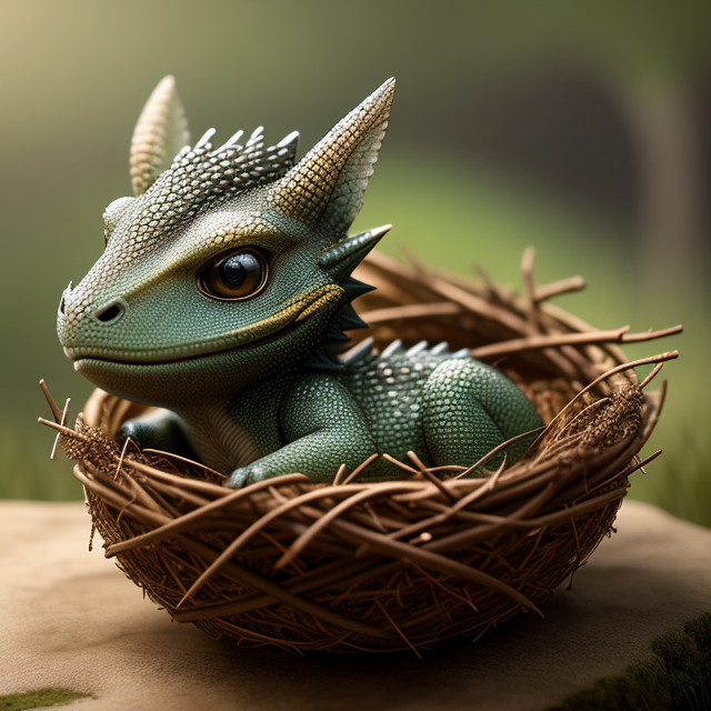 RAW photo, high resolution, (((masterpiece))), baby dragon in a nest, intricate dry twigs, dew drops, prehistoric forest background, very detailed, 8k, sharp, fantasy, (((photorealistic))), award-winning movie poster, UHD, HDR, octane render, unreal engine 5