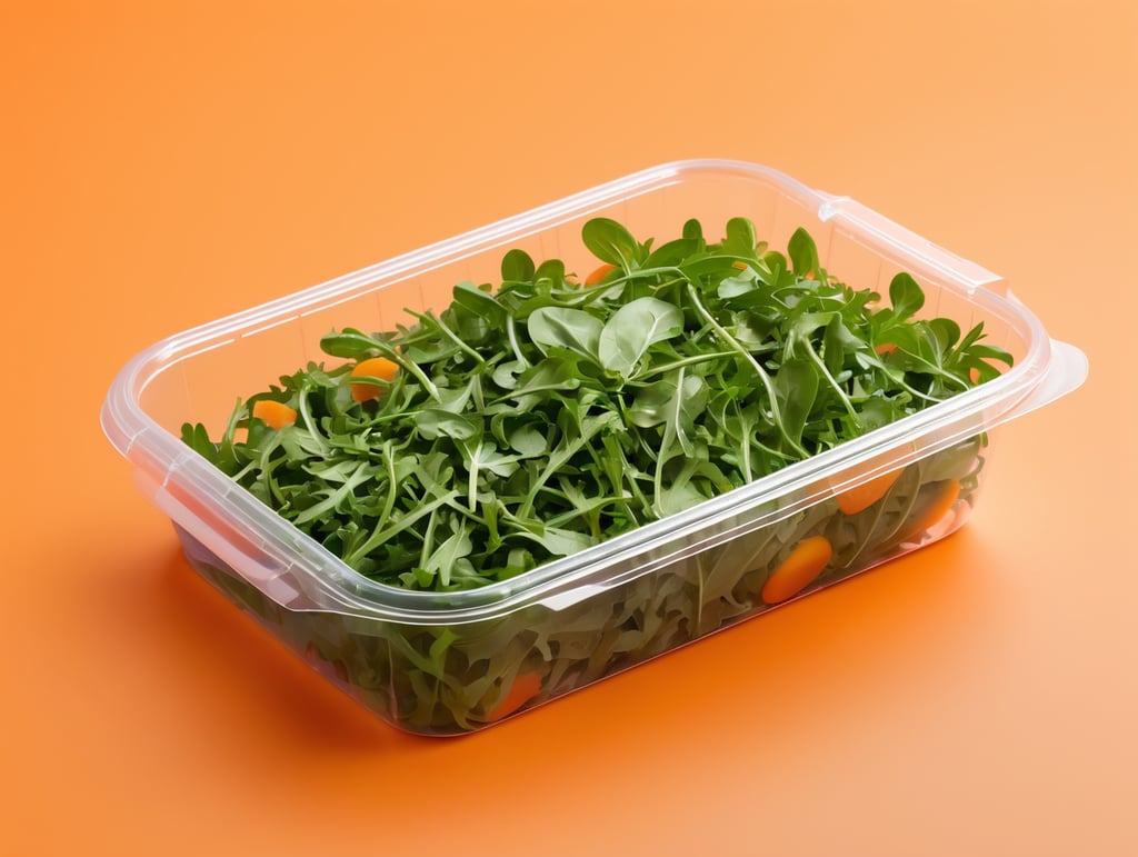 blank Transparent Plastic Container with Arugula Salad, isolated, orange background, Mockup, mock up