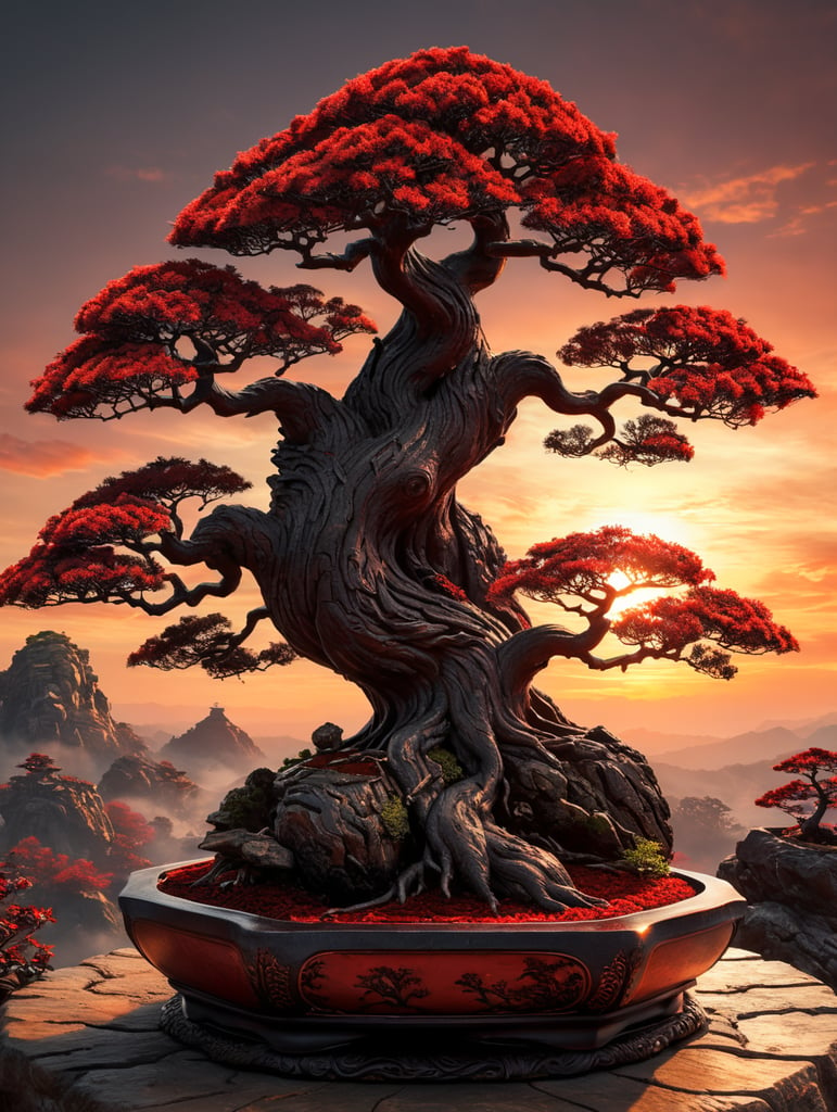 A bonsai tree in sunset light, only red and black color used, ink art