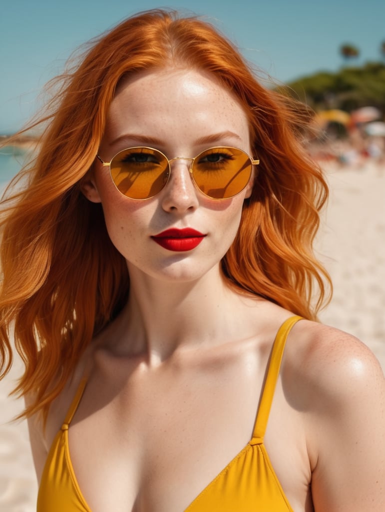 attractive Dutch ginger red girl, on a beach, yellow fashionable swimsuit, red lipstick, freckles, tinted sunglasses, sunny, warm colors