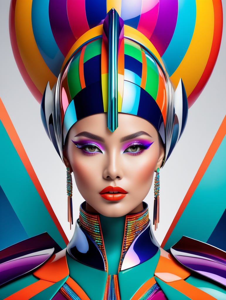 A beautiful female multicoloured pop sleek futuristic with huge headpiece center piece, clean makeup, with depth of field, captured in vivid colors, minimalist posterstyle