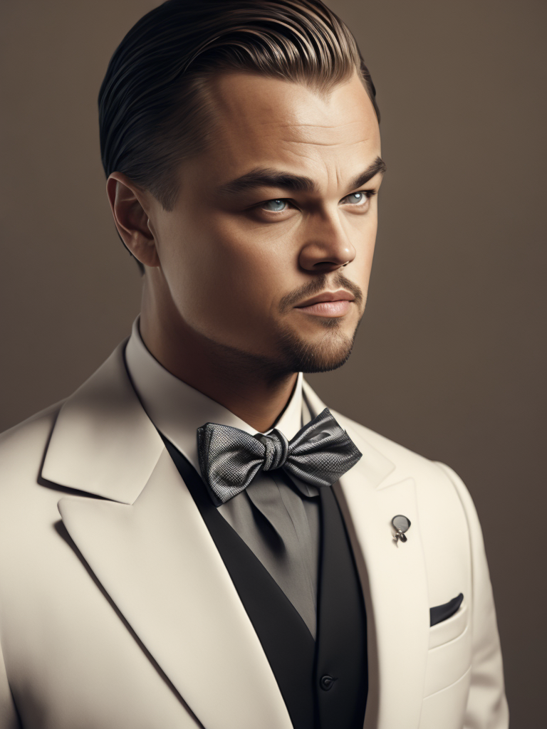 Portrait of Leonardo DiCaprio in a bow tie tuxedo, contrasting light, detailed face, muted tones