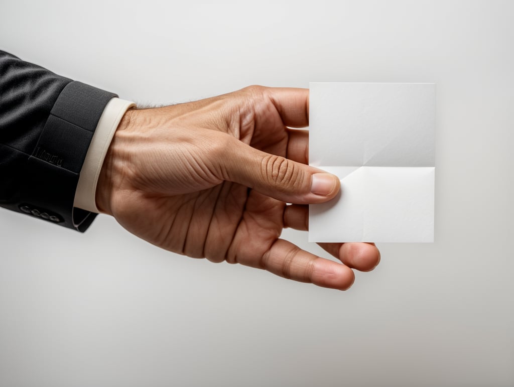 a hand holding a square piece of paper between thumb and index finger. White background