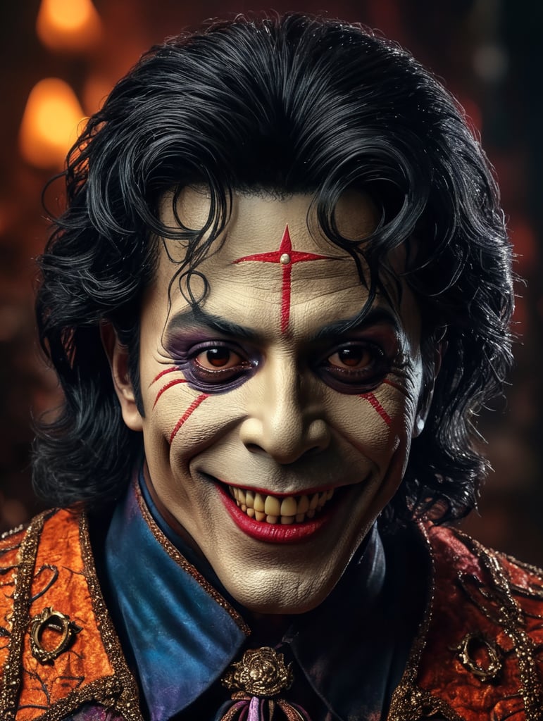 Old Michael Jackson as a creepy evil character wearing spooky Halloween costume, evil smile, creepy nose, Vivid saturated colors, Contrast color