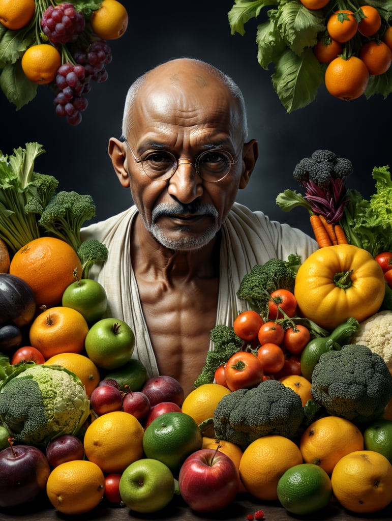 mahatma gandhi with fruits and vegetables, high resolution 4k high quality detailing image