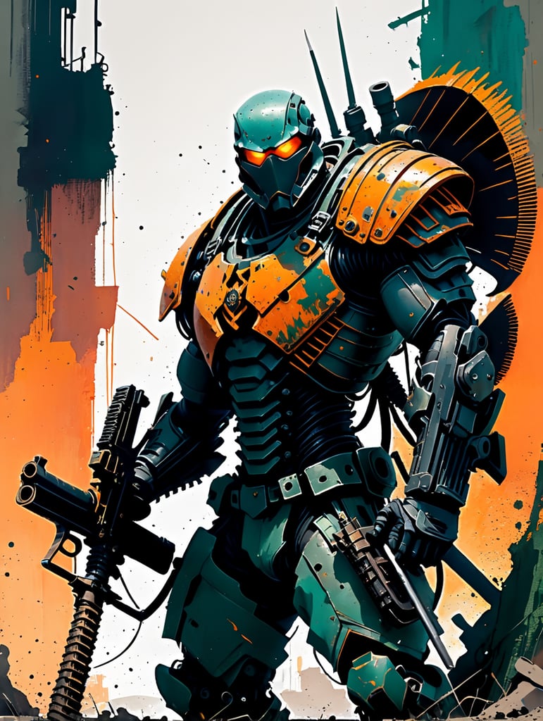 illustration soldier holding heavy machine gun and scythe