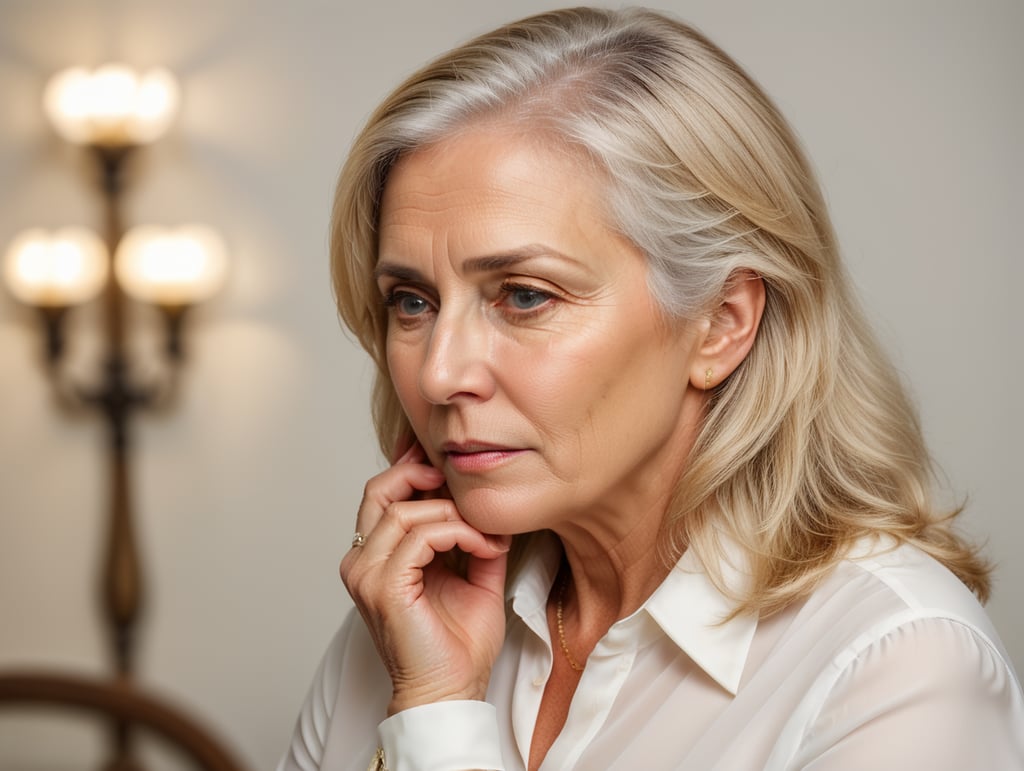 Blonde middle aged woman ponders on something keeps hand near face, white hair, white blouse, mature women, pretty old women, isolated, white background