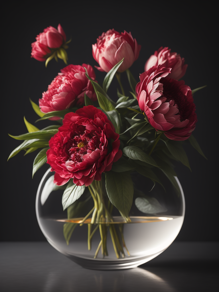 Round transparent glass vase with big bouquet of pink peonies, dark gradient background, sharp focus
