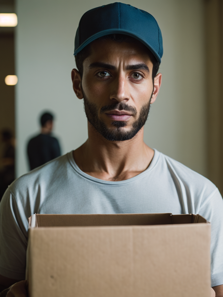 portrait of a delivery Arab man , wearing a white cap and white t-shirt, holding a box