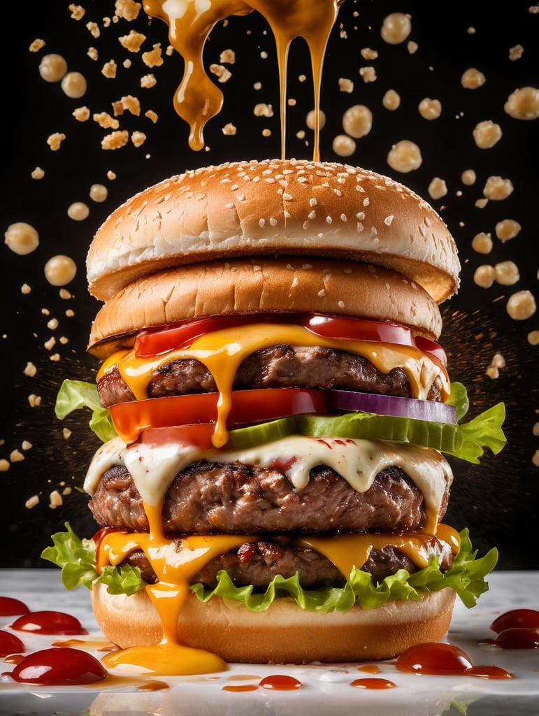 the moment after a burger explodes from inside, splitting it in two and splattering fragments in all directions, scattering ketchup and cream, very fast shutter speed, volumetric lighting, Reflective glass plate behind and below