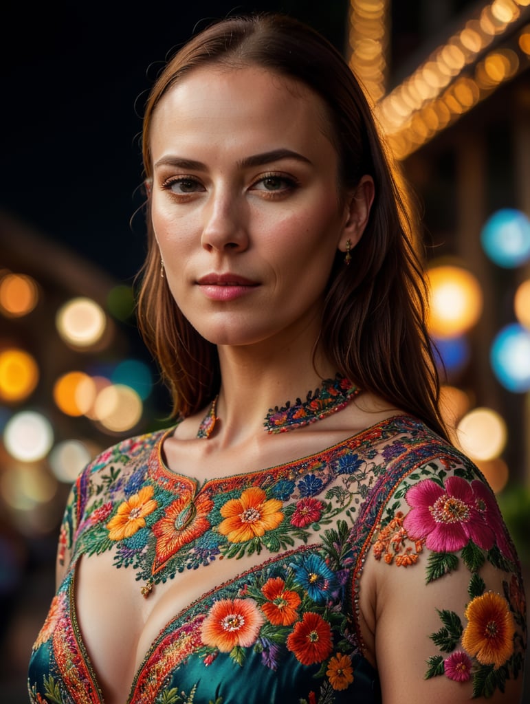 Beautiful hot bald woman with freckles, wearing a colorful, vibrant, detailed embroidered dress, medium-full shot, at night