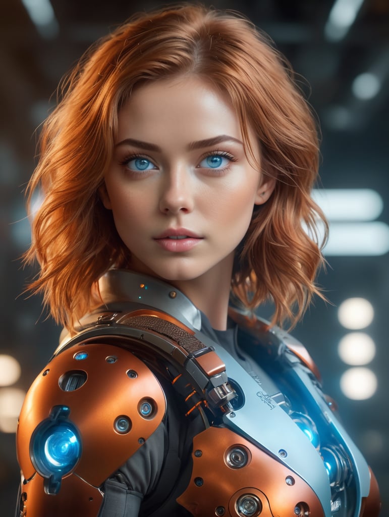 film grain, high quality, warm colors, colorful, OverallDetail, volumetric lighting, backlight, rim light, 1 girl, adult woman, light blue eyes, auburn drill hair, solo, upper body, looking up, detailed background, detailed face, (glasstech, glass theme), android, biomechanical limbs, advanced technology, head tilted, sleek design, steel, nanobots, electronics, techwear, powered by fire, energy pulse, neon colors, cables in background, cinematic atmosphere,