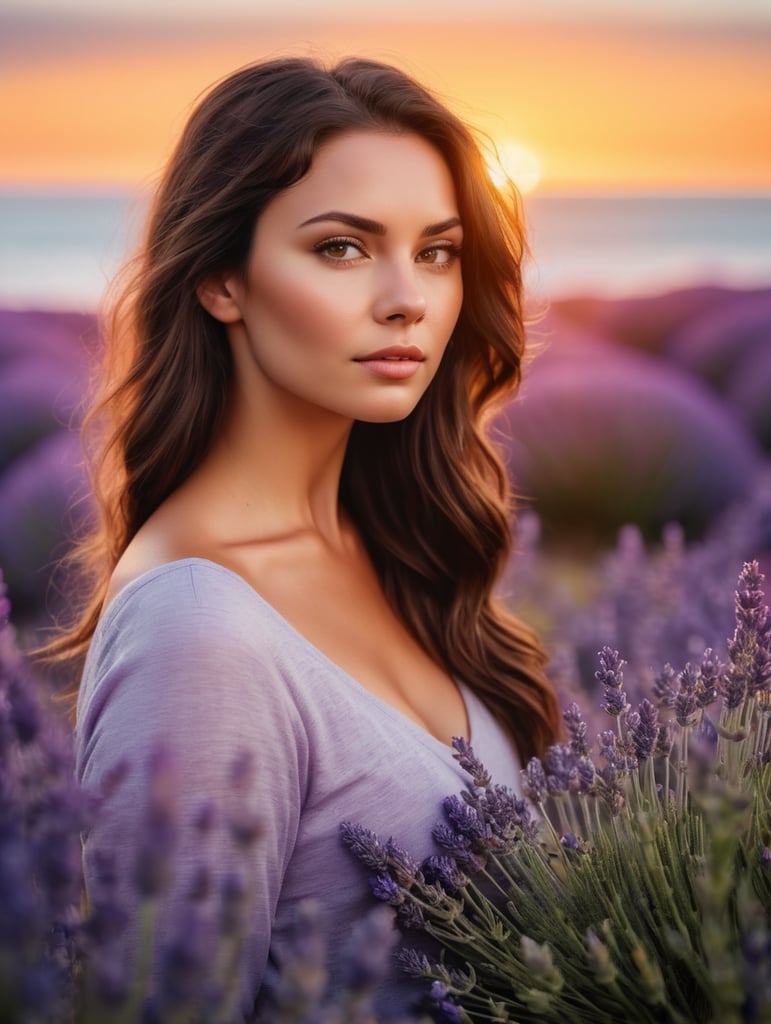 Portrait of a beautiful brunette woman in a field of lavender with ocean in the background, blurry background, sunset, vivid colors, high contrast colors, dramatic lighting, Oregon Coast, very detailed.