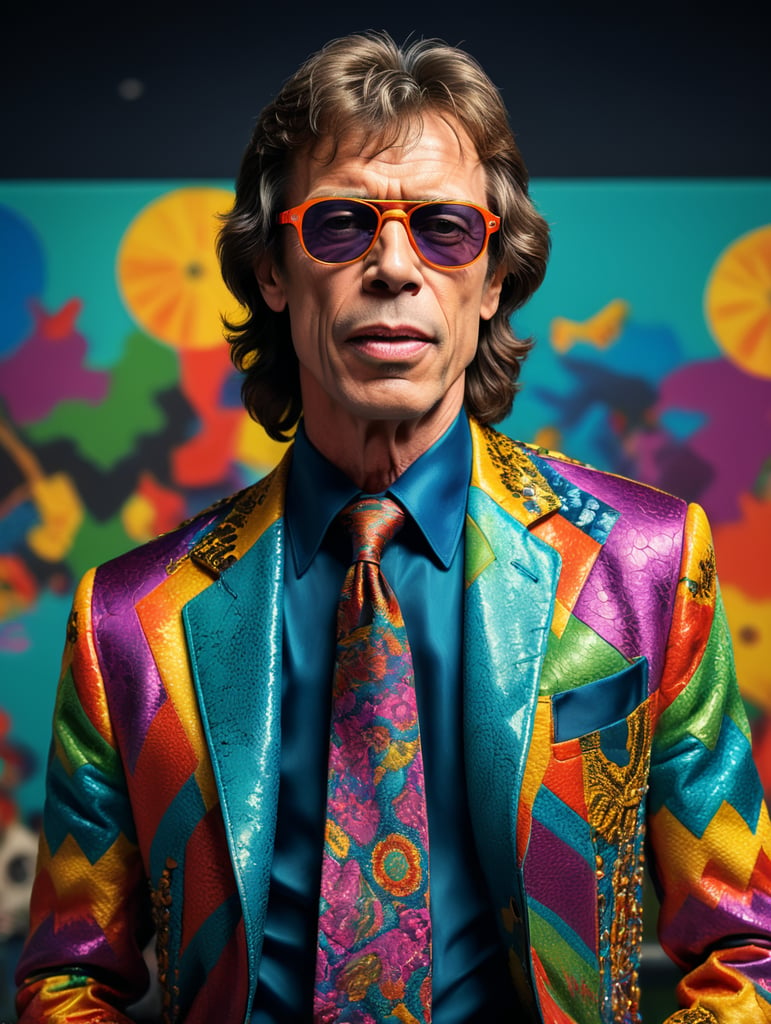 Mick Jagger wearing a brightly patterned jacket and wayfarer glasses, Vivid saturated colors, Contrast color