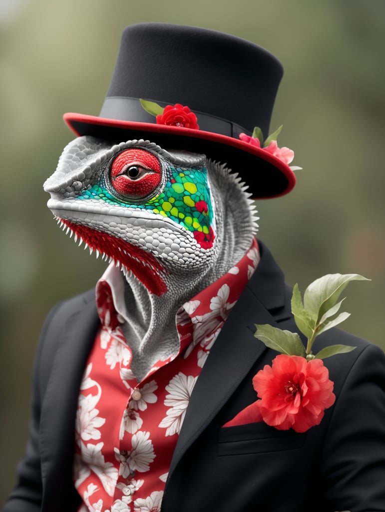 A chameleon wearing a red floral print shirt, black jacket, and red hat.