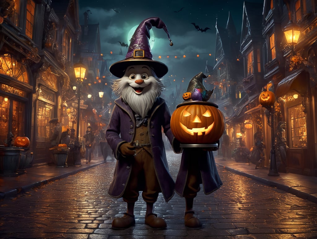 A charming and mischievous Full body Character in the middle of Street at night, halloween theme, Disney Pixar style, wearing a pointy hat and holding a bubbling cauldron