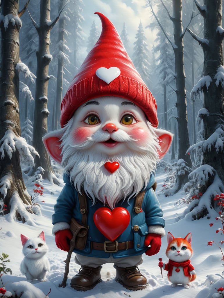 Small gnome cute face big eyes with red hat and clothes the hat covering a bit of the face gnome holding a red heart in a snowy winter forest with a white cat at his side