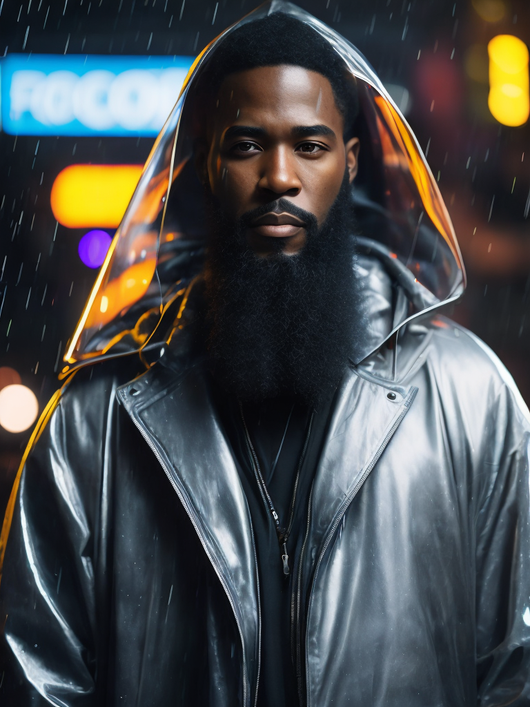 a black man with a long beard wearing ((transparent raincoat)), under the rain, ultra realistic, neon lights