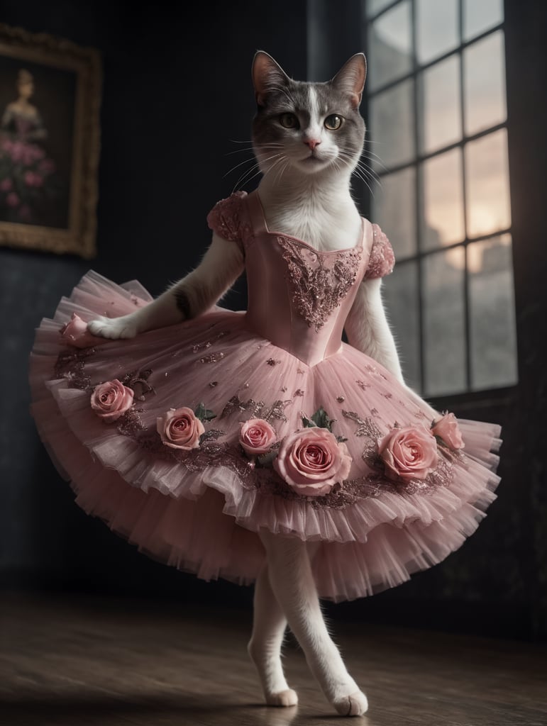 ballerina cat in a rose dress