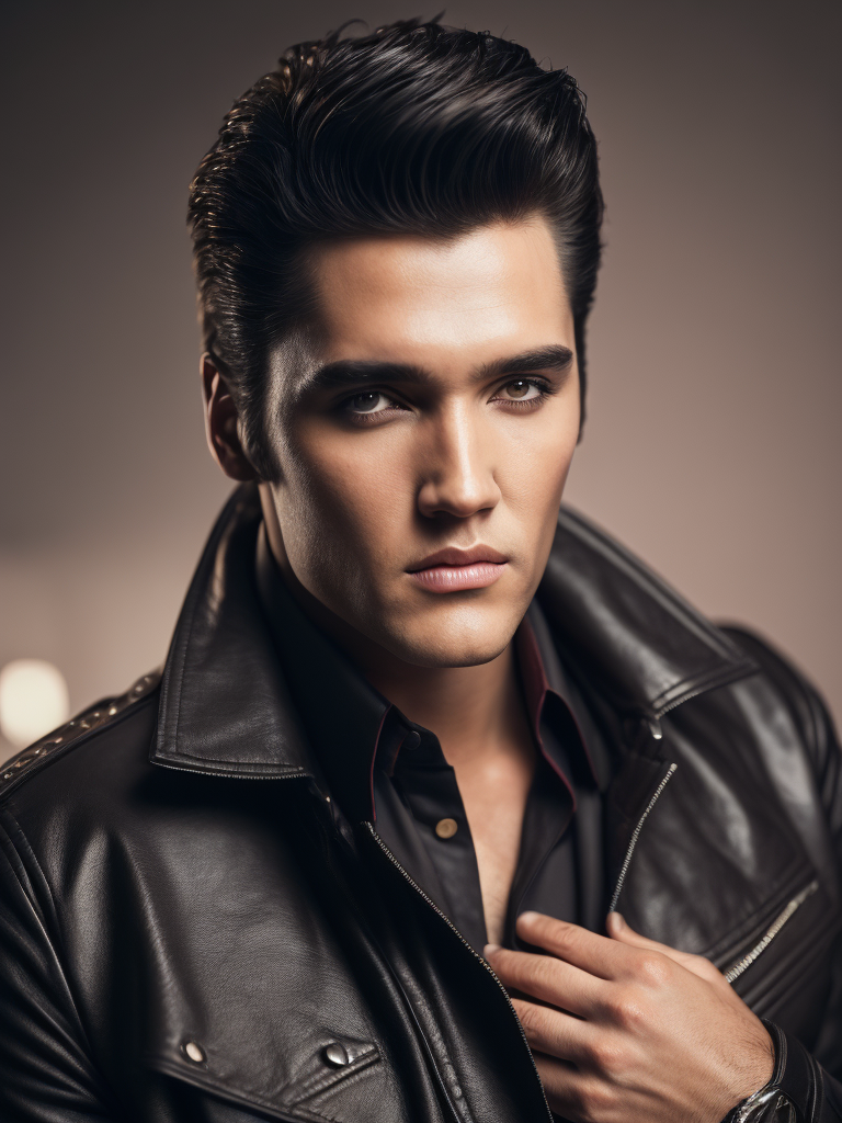 Portrait of Elvis Presley wearing a black leather jacket, studio photo, professional photo, Bright and rich colors, Detailed image, detailed face