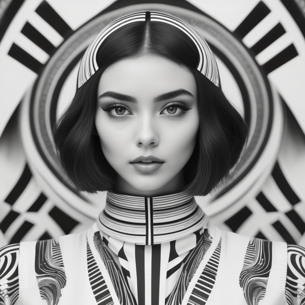Cute girl model, retro futurist of high fashion, made in symmetrical black and white psychedelic style, black and white beauty, optical illusion, glitch art, flirty, shot on Canon