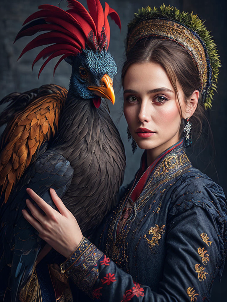 Portrait of a Beautiful women from Russian fairytale wearing traditional costume hugging a Rooster