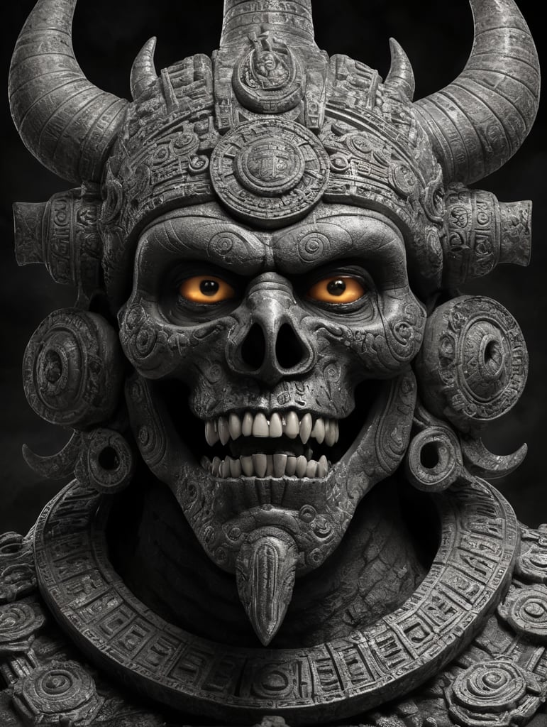Mictlantecuhtli, the ancient Aztec god of the underworld, depicted predominantly in black and white with subtle shades of gray, Mictlantecuhtli's face represents intense rage, furrowed brows, and eyes blazing with anger. His features are sharp and clear, with deep-set eye sockets. Elongated bone structures form his skeletal appearance, emphasizing the otherworldly nature of his being. jagged teeth, stained and yellowed, protrude menacingly from the mouth, Against the backdrop of the Aztec underworld known as Mictlan.