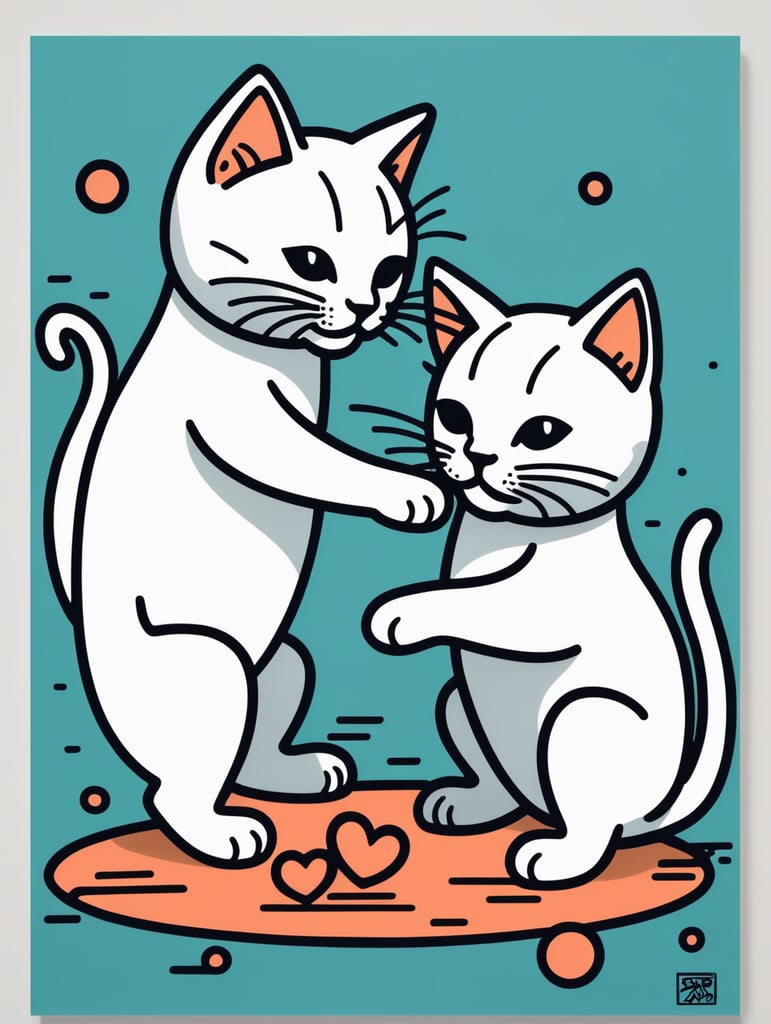 Simple figural illustration of a two kittens playing, solid color background, Keith Haring style graffiti, sharp illustrations, bold lines and solid colors, simple details, minimalism