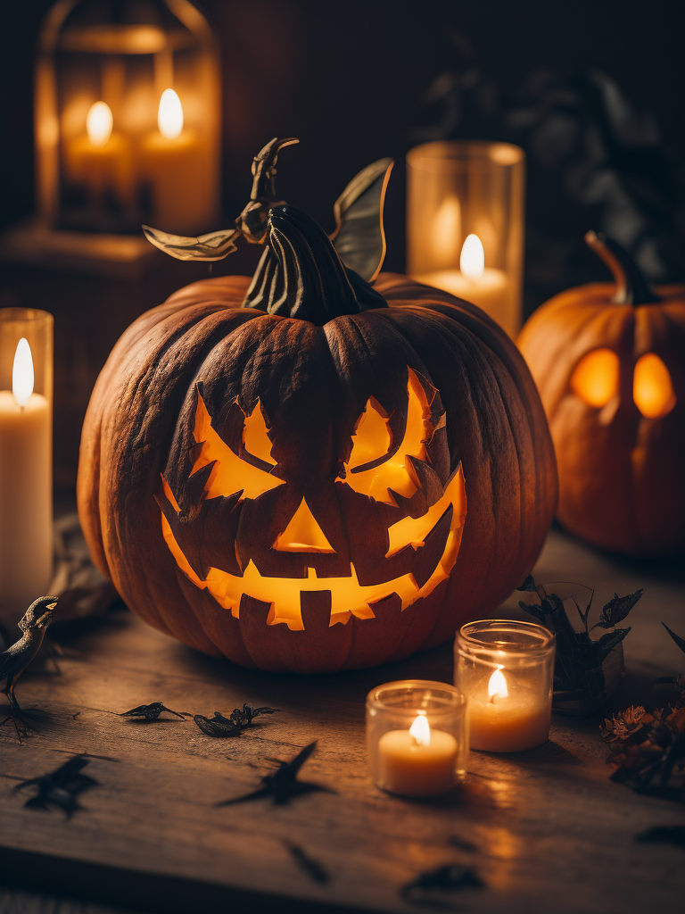 Halloween pumpkin with candle light from inside, candle light surrounded by dead blackbirds, insects and bats scattered dead flowers, shallow depth of field focus