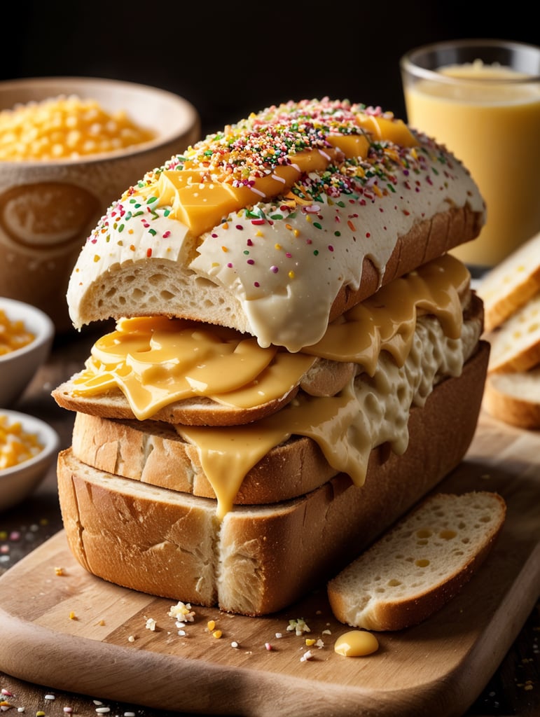 roti long john dengan toping meses dan keju yang melayang jatuh ke roti, shot dengan camera sony a7 mark iii, lensa leica f1.8 77mm, super resolusi