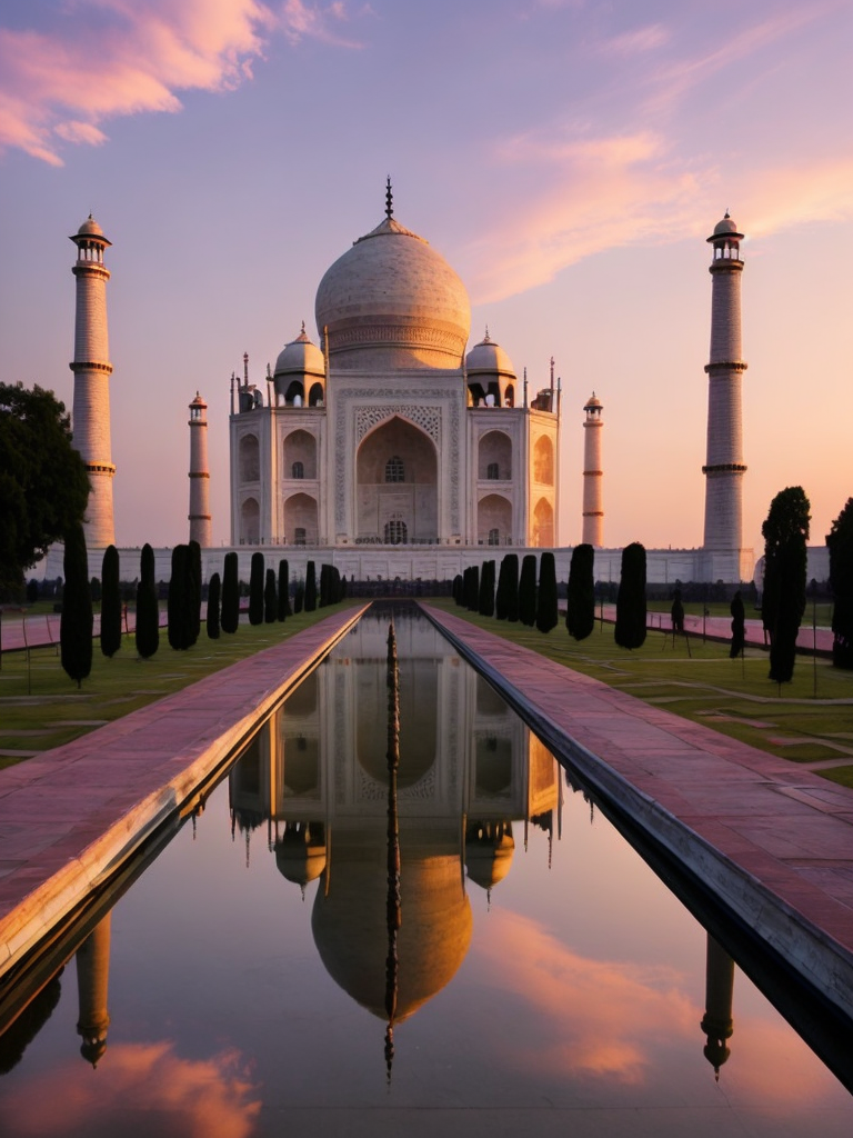 Taj Mahal, pink purple sunset,
