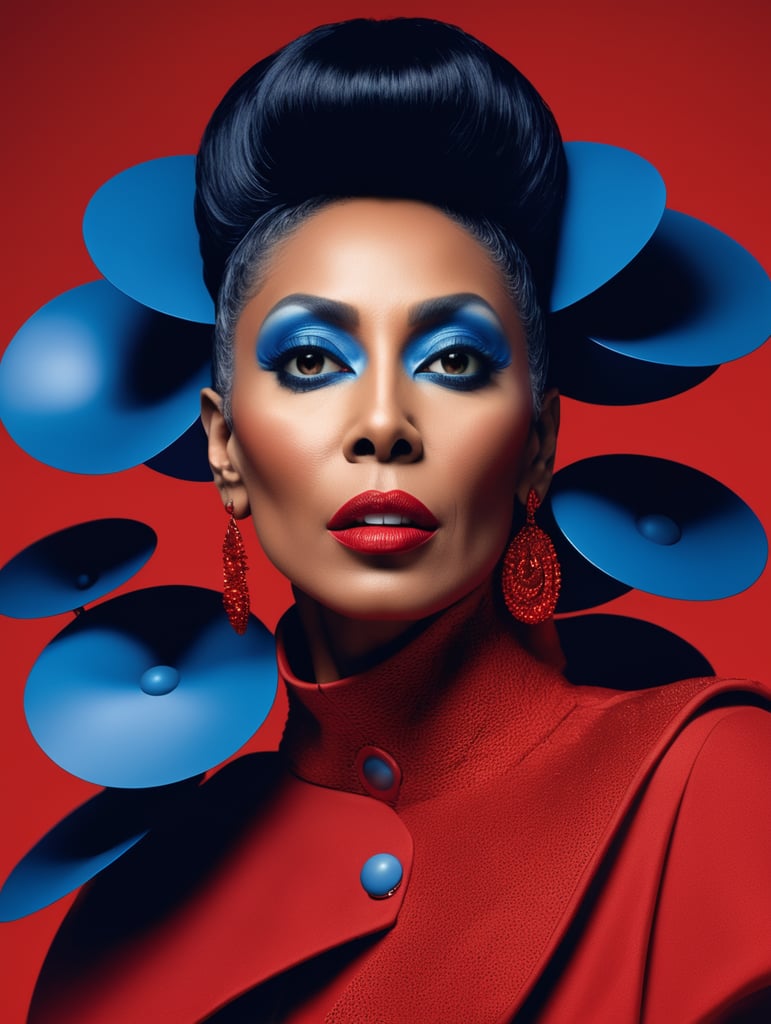 Donyale luna, avant-garde, simplygo, photoshoot spread, dressed in all red, blue background, harpers bizarre, cover, headshot, hyper realistic