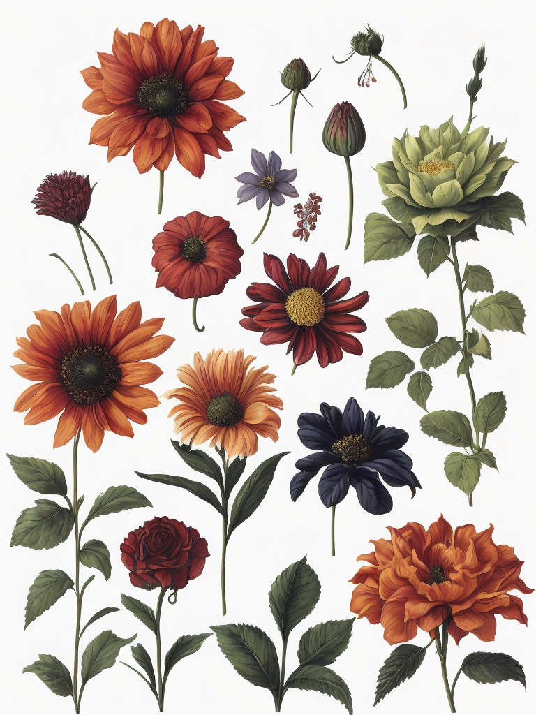 different types of psychedelic flowers, botanical illustration, white background, style of Pierre-Joseph Redoute