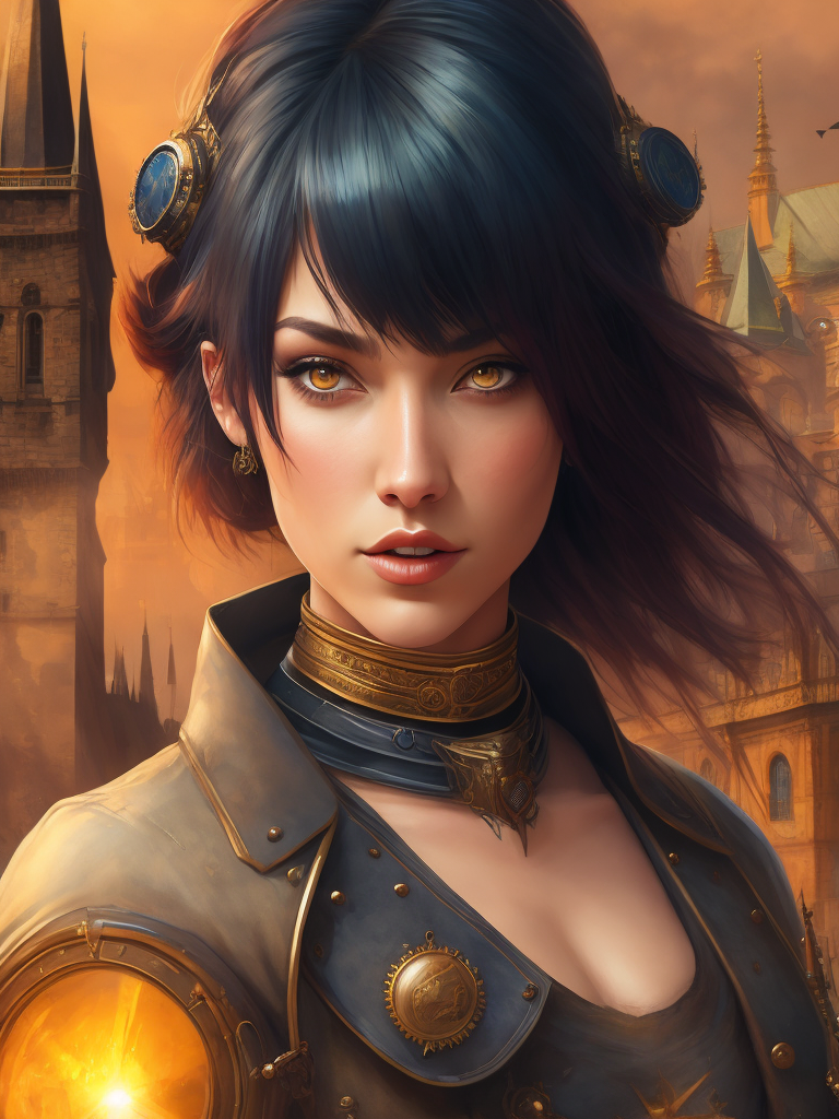 Bird's eye view of Prague, overlooking the river and castles. A steampunk style airship in the foreground. Bright sunny day, rich colors. Rays of the sun.Highly detailed architectural details. Bright lighting, sharp details