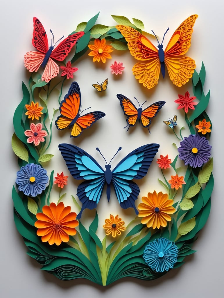 Papercut colorful nature with park and flower beauty butterfly