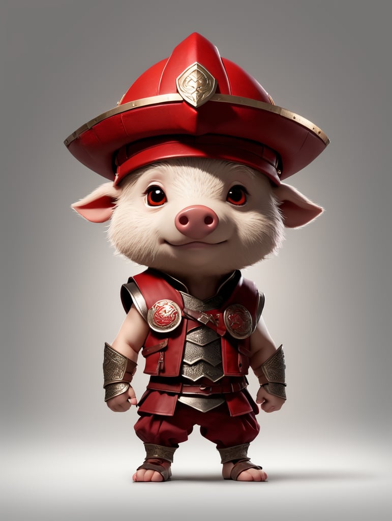 boar, gladiator, hat, simple background, pants, red headwear, vest, chibi, cinematic light
