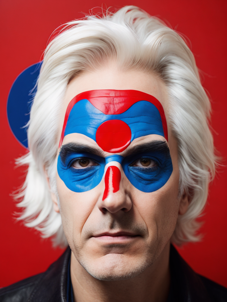 a man with white hair and a face painted like a man with red and blue circles on his face by Alejandro Jodorowsky