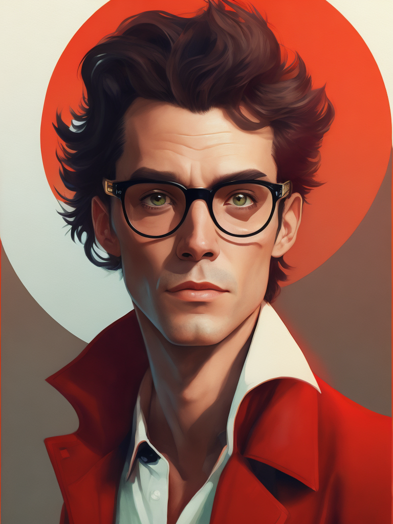 Portrait of an American man in a light suit with white hair wearing glasses with black thick rims, portrait in the style of advertising 50s, red background, sharp focus, highly detailed, vintage advertising, retro style