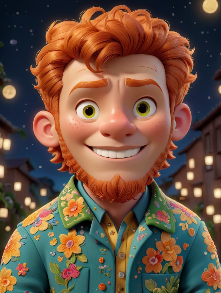 Beautiful ginger man with freckles, wearing a colorful, vibrant, detailed embroidered jacket, medium-full shot, at night