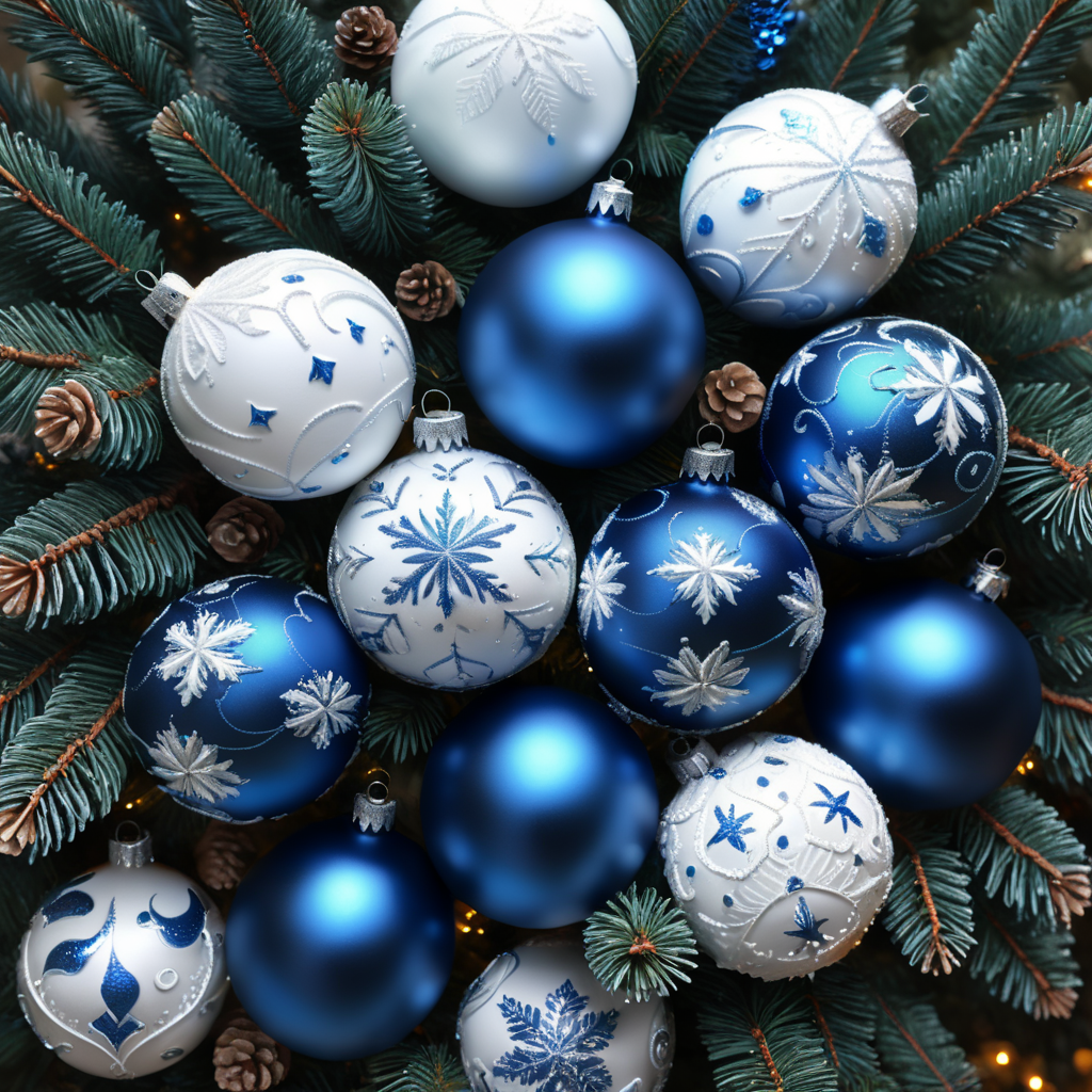 blue and white Christmas balls of different sizes, very close together, on pine branches, top view