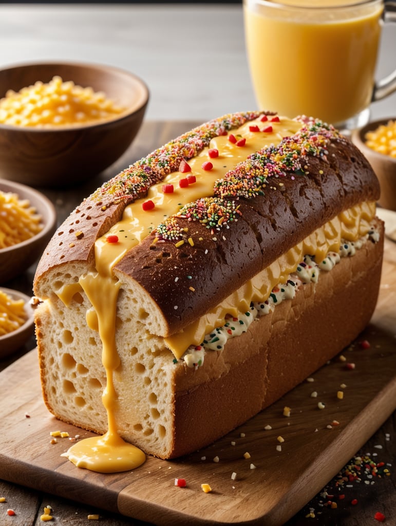 roti long john dengan toping meses dan keju yang melayang jatuh ke roti, shot dengan camera sony a7 mark iii, lensa leica f1.8 77mm, super resolusi