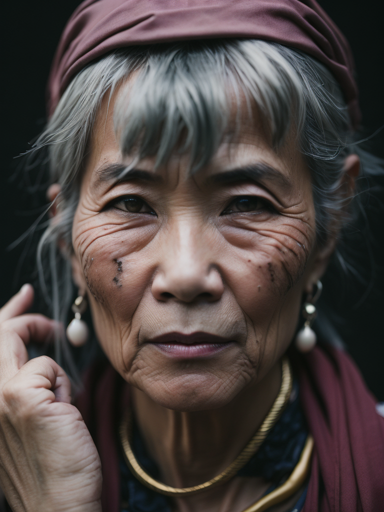 Elderly Asian woman with tattoos on her face, shaman, gray hair, jewelry, black background, black eyes