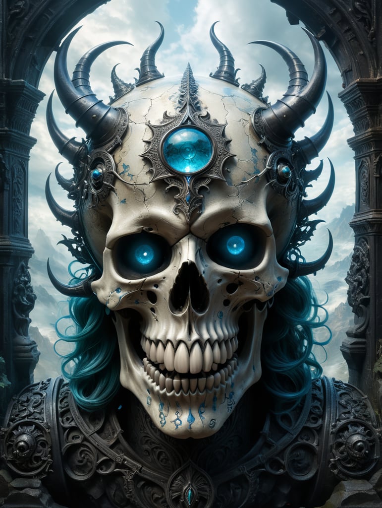 ultra-hd photography, Imagine a towering figure that embodies the nightmarish fusion of a demonic presence and ornate gothic architecture. Its skull-like face gazes forward with piercing, electric-blue eyes that illuminate the shadows. Its skin has the texture of weathered bone, with intricate, baroque designs etched into its surface, giving it an almost armored appearance. Atop its head, two massive, spiraled horns twist towards the heavens, resembling the dark, wrought iron of an ancient gate. Its broad shoulders are accentuated by wing-like structures that cascade downwards, adorned with fine, detailed scrollwork. The entire being is enveloped in an aura of spectral mist, with a color palette dominated by blacks, silvers, and icy blues, highlighting the chilling elegance of its form. Subtle hints of crimson and deep sea green add a touch of otherworldly energy to the figure, as if it's pulsing with a malevolent life force. This entity seems to be not just a creature, but a monument to darkness