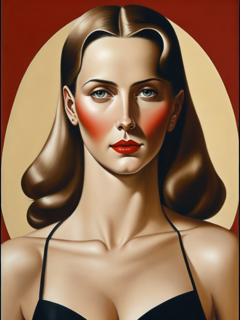 A painting of a very beautiful, middle aged woman in the art deco style of Tamara de Lempicka.