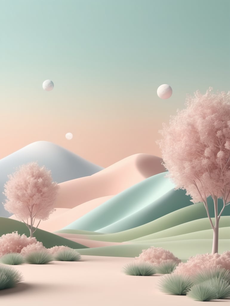 Abstract minimal advertise. dreamy landscape. 3D render copy space spring mockup, Cannon 5D, photorealistic, natural and pastel color, studio photography, studio lightening, HD, hyper realistic