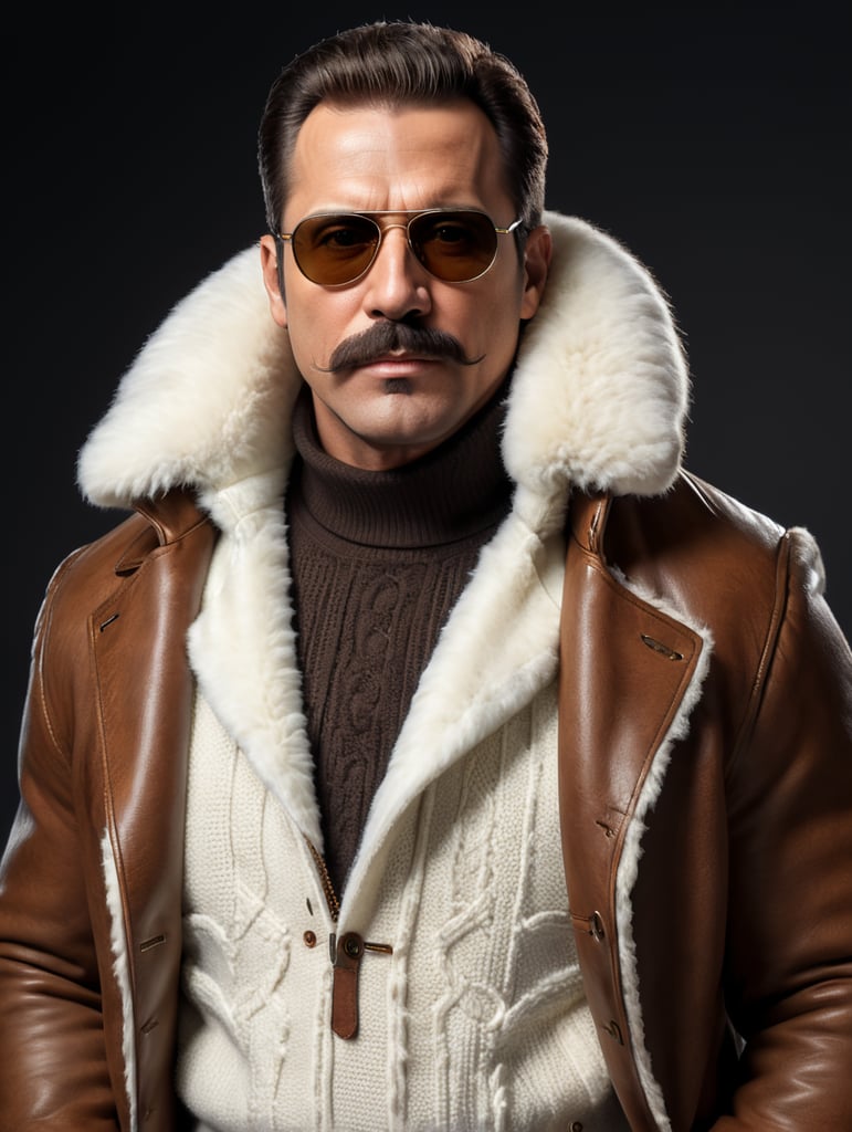 Uomo di 40 anni con i capelli scuri, i baffi, gli occhiali da sole. Vestito con un maglione bianco a collo alto e sopra un montone marrone con il pelo sul colletto.