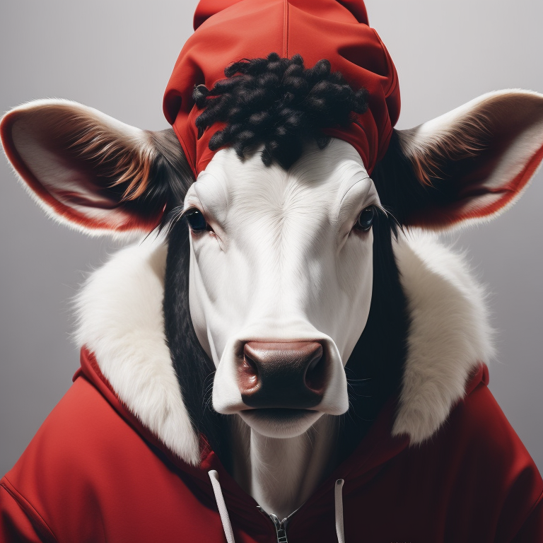 Hip Hop white cow,portrait, in red hoodie,mohawk, vintage style, gentle watercolor style, white isolated background,full face